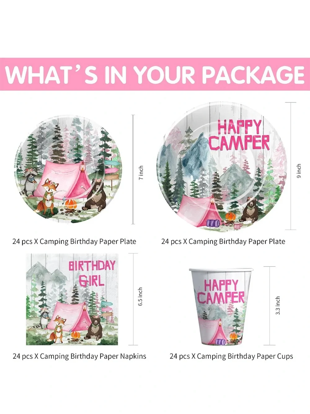 Happy Camper Pink Camping Party Plates & Cups Set
